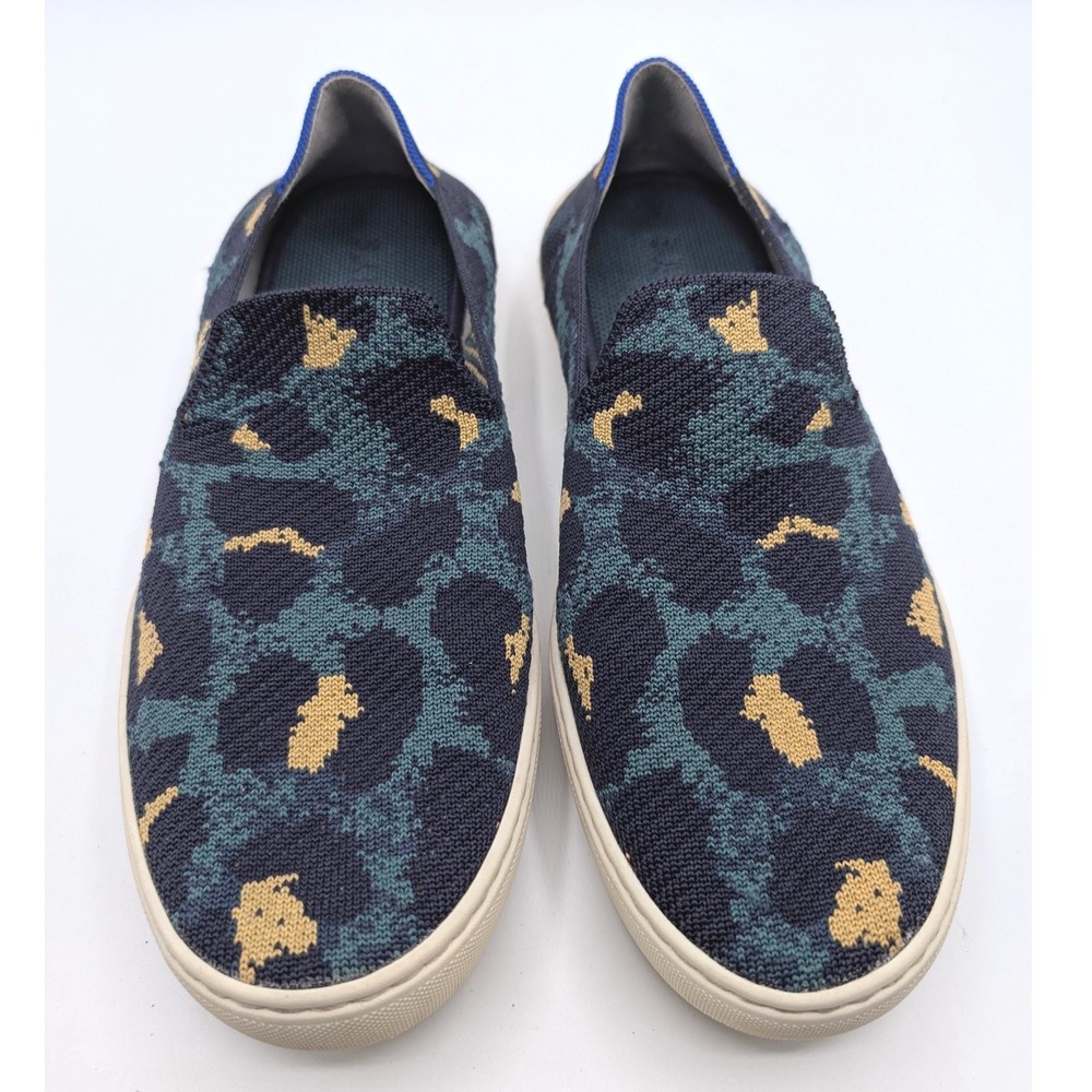 Rothy's The Sneaker 10.5 Blue Spot Leopard Teal Knit Slip On Shoes Loafers